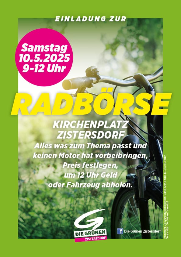 Grafik mit einem Rad, grün umrandet, Werbung für die Radbörse in Zistersdorf