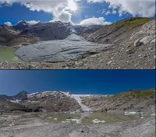 Bild: zwei Bilder vom Gletscher "Schlatenkees" (Osttirol) im Vergleich im Jahr 2020 zu 2025, Quelle: Wikipedia